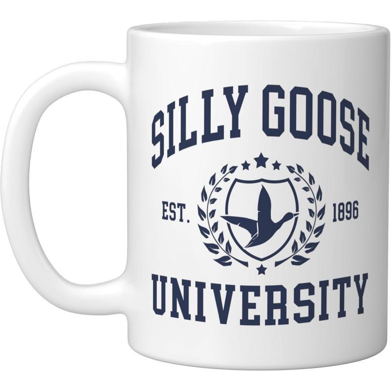 Tailorly White Ceramic 11 oz Mug - Silly Goose University Classic Athletic Crest Featuring A Flying Bird Silhouette Inside A Laurel Wreath Goose