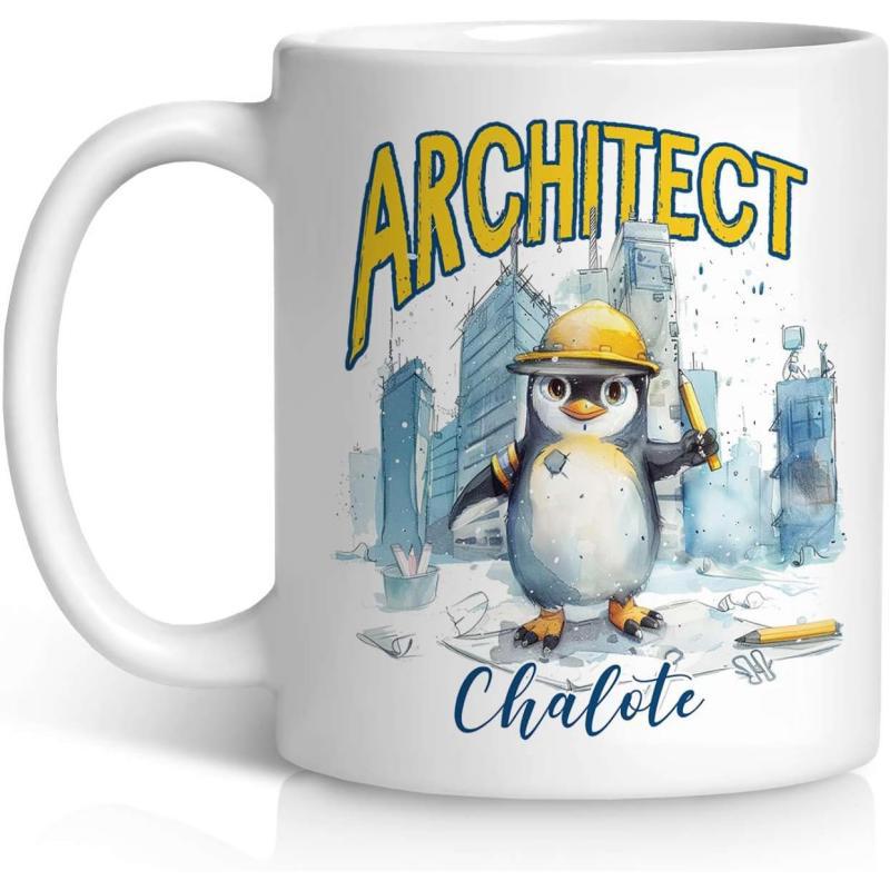 Tailorly White Ceramic 11 oz Mug - Architect Chalote Adorable Little Animal Wearing Construction Hat Standing Amidst Blue City Skyscrapers Penguin