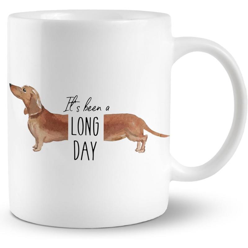 Tailorly White Ceramic 11 oz Mug - Its Been A Long Day Adorable Brown Sausage Dog Stretched With Artistic Minimalist Cartoon Style Dachshund