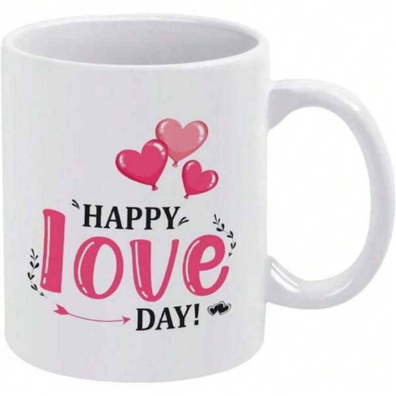 Tailorly White Ceramic 11 oz Mug - Happy Love Day Three Floating Heart Balloons With Decorative Arrow And Floral Leaves Mug