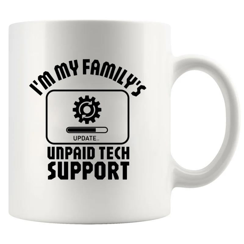 Tailorly White Ceramic 11 oz Mug - Im My Familys Unpaid Tech Support Minimalist Gear Icon And Tech Progress Loading Bar Mug