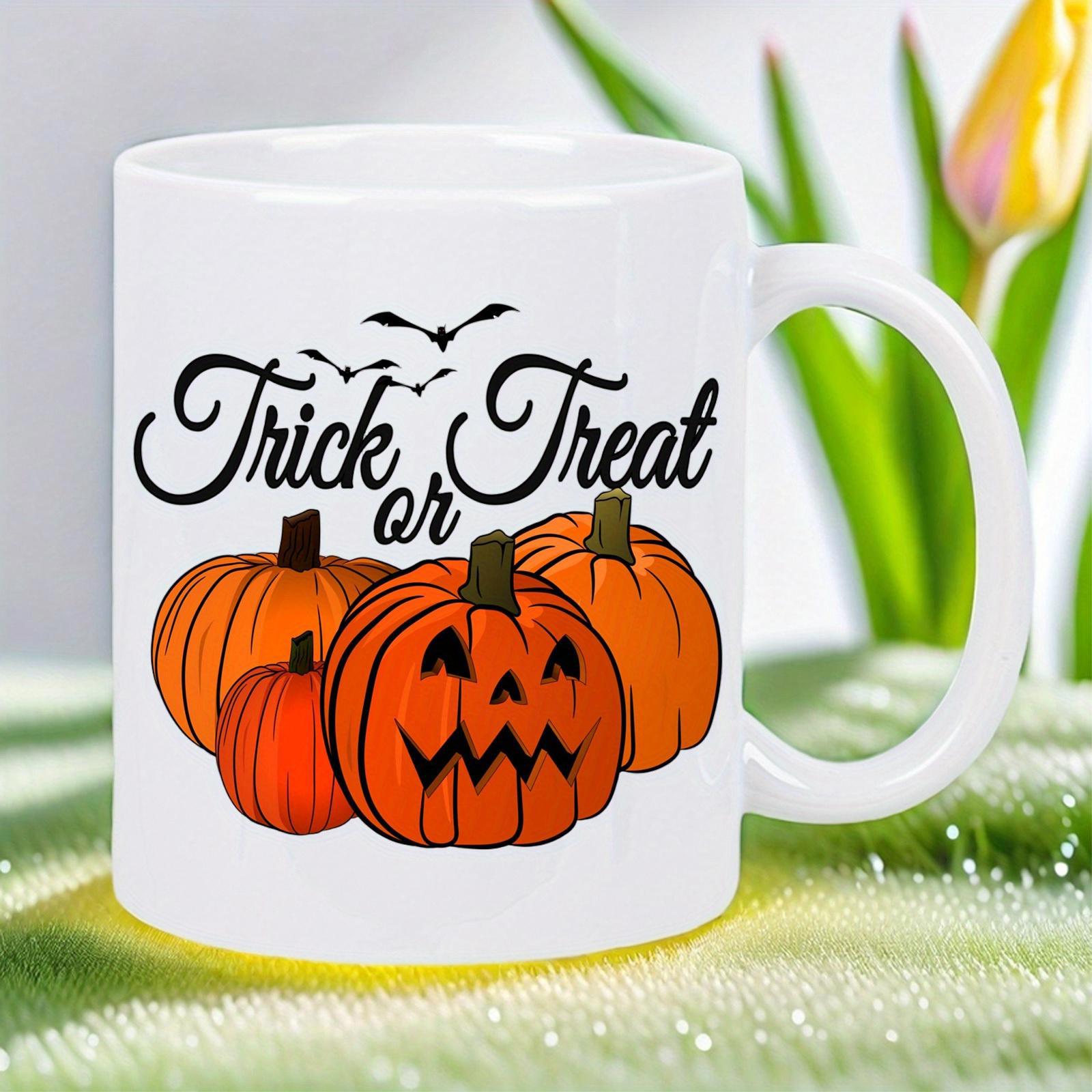 Tailorly White Ceramic 11 oz Mug - Trick Or Treat Vibrant Orange Festive Pumpkins With Spooky Bat Silhouettes Halloween Pumpkin