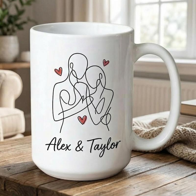 Tailorly White Ceramic 11 oz Mug - Alex Taylor Minimalist Line Art Of A Couple Embracing With Red Hearts Couple