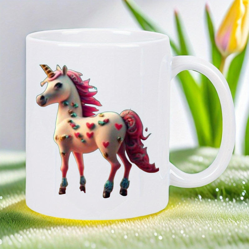 Tailorly White Ceramic 11 oz Mug - Whimsical Pink Mane Fantasy Creature Adorned With Tiny Red Hearts Unicorn