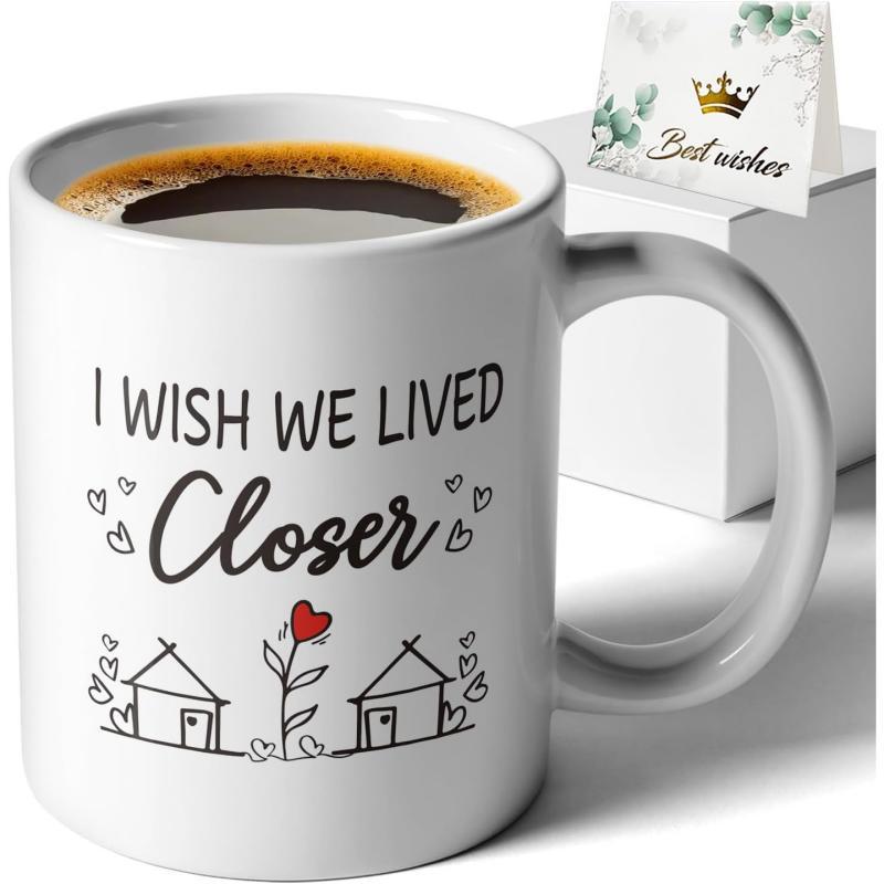 Tailorly White Ceramic 11 oz Mug - I Wish We Lived Closer Minimalist Black Line Houses With Red Heart Flower Among Floating Hearts Mug