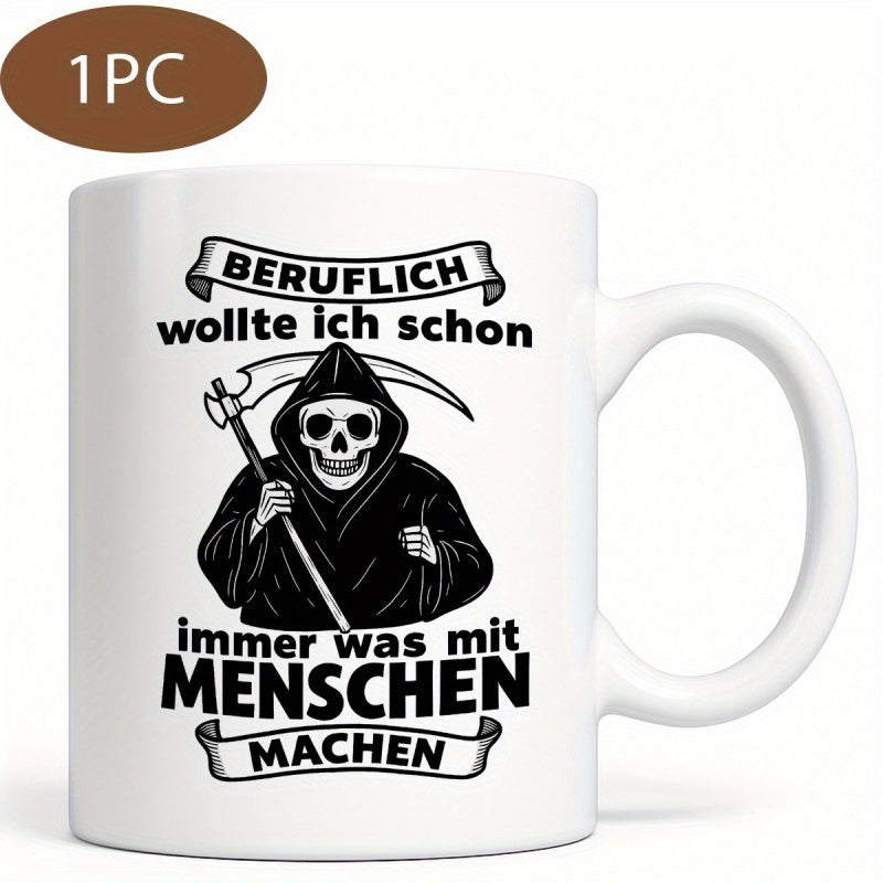 Tailorly White Ceramic 11 oz Mug - Mysterious Hooded Silhouette Holding Sharp Scythe Within Dark Cloak Reaper