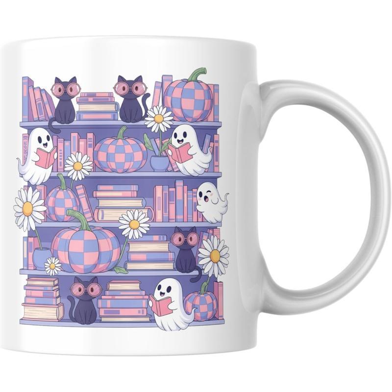 Tailorly White Ceramic 11 oz Mug - Whimsical Pastel Halloween Graphic Featuring Reading Ghosts And Black Cats On Bookshelf