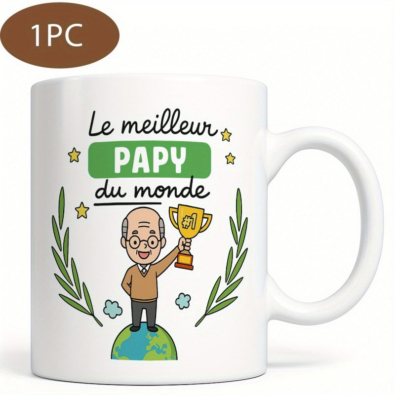 Tailorly White Ceramic 11 oz Mug - Cheerful Cartoon Elderly Man Holding Winning Trophy Standing On Small Earth Grandfather