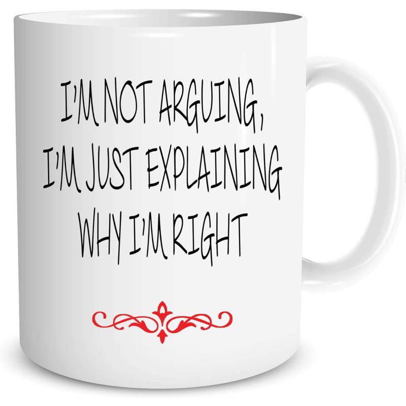 Tailorly White Ceramic 11 oz Mug - Im Not Arguing Im Just Explaining Why Im Right Minimalist Elegant Vintage Red Symmetrical Swirled Decorative Scroll Pattern