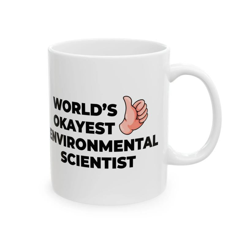 Tailorly White Ceramic 11 oz Mug - World's Okayest Environmental Scientist Simple Cartoon Style Thumbs Up Gesture Set Against White Background Mug