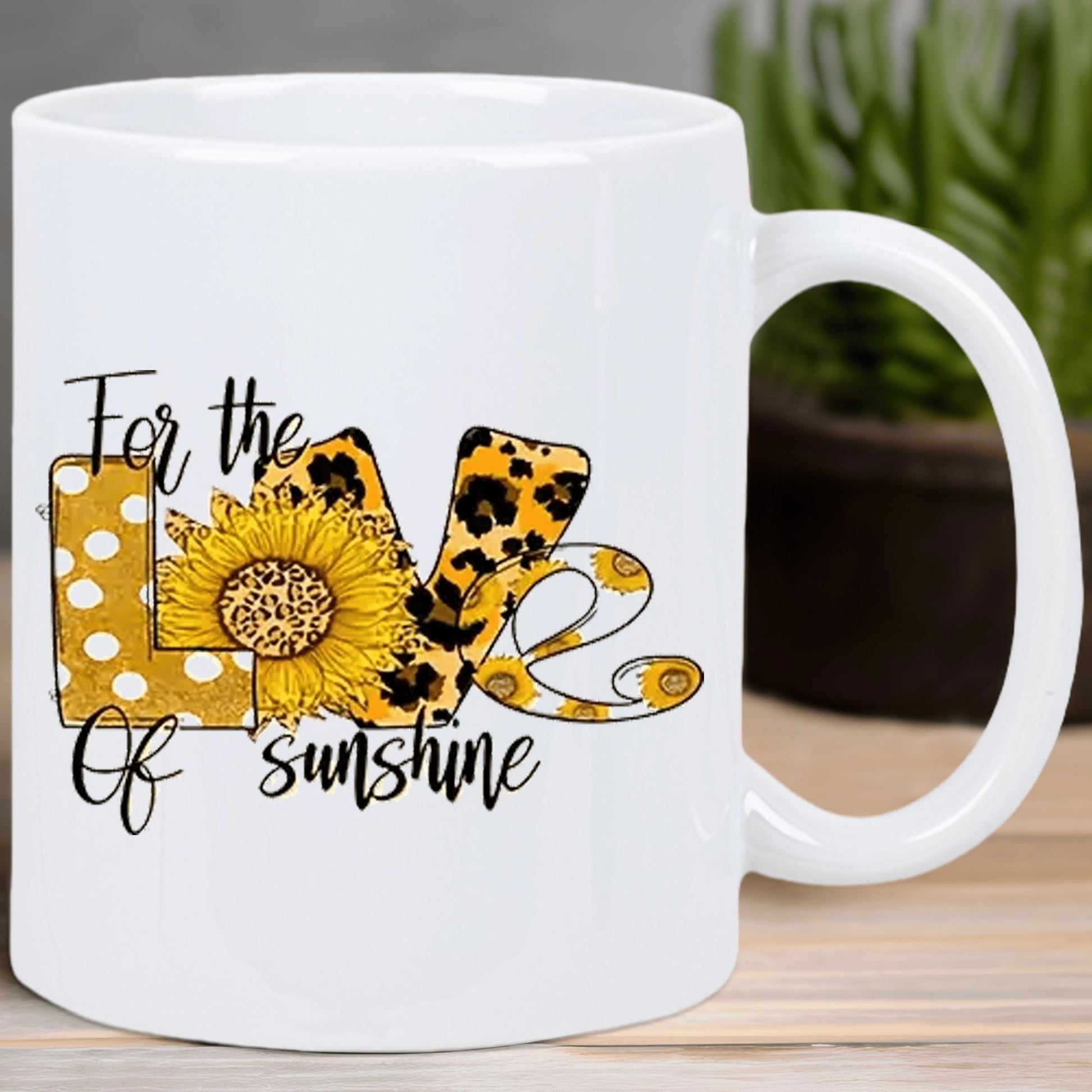 Tailorly White Ceramic 11 oz Mug - For The Love Of Sunshine Vibrant Sunflower Integrated Into Decorative Leopard Print And Polka Dot Pattern Sunflower