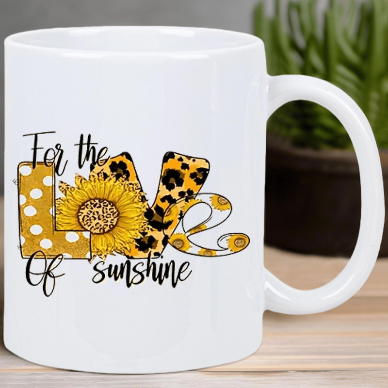 Tailorly White Ceramic 11 oz Mug - For The Love Of Sunshine Vibrant Sunflower Integrated Into Decorative Leopard Print And Polka Dot Pattern Sunflower
