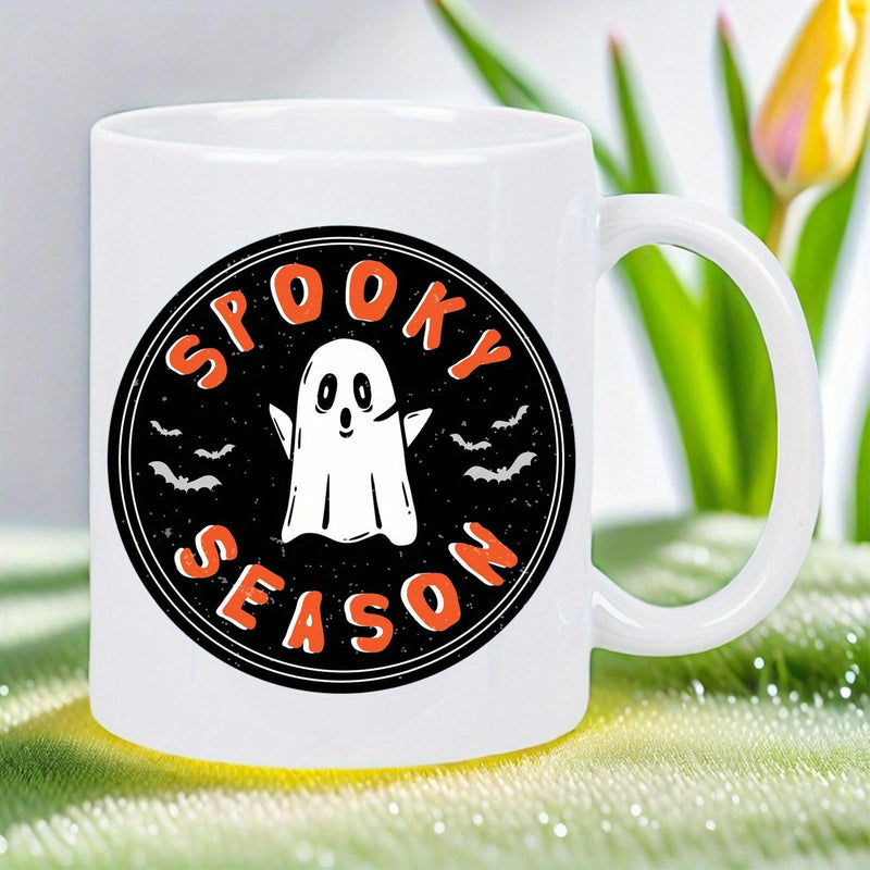 Tailorly White Ceramic 11 oz Mug - Spooky Season Floating Cartoon Ghost Surrounded By Tiny Bats Under Starry Circle Ghost