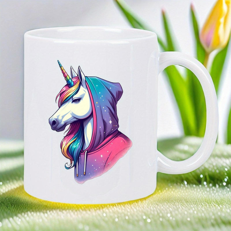 Tailorly White Ceramic 11 oz Mug - Magical Mystical Creature Wearing A Colorful Starry Hoodie Under Bright Light Unicorn