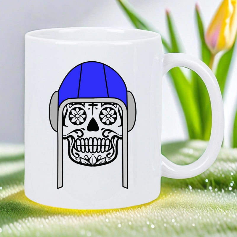Tailorly White Ceramic 11 oz Mug - Blue Sports Helmet Over Detailed Mexican Day Of The Dead Sugar Skull