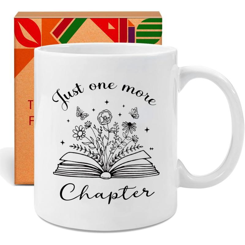 Tailorly White Ceramic 11 oz Mug - Just One More Chapter Minimalist Line Art Blooming Wildflowers And Butterflies Growing From Open Book