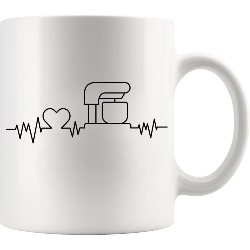 Tailorly White Ceramic 11 oz Mug - Simple Line Drawing Of A Heartbeat Pulse Connecting To Mixer