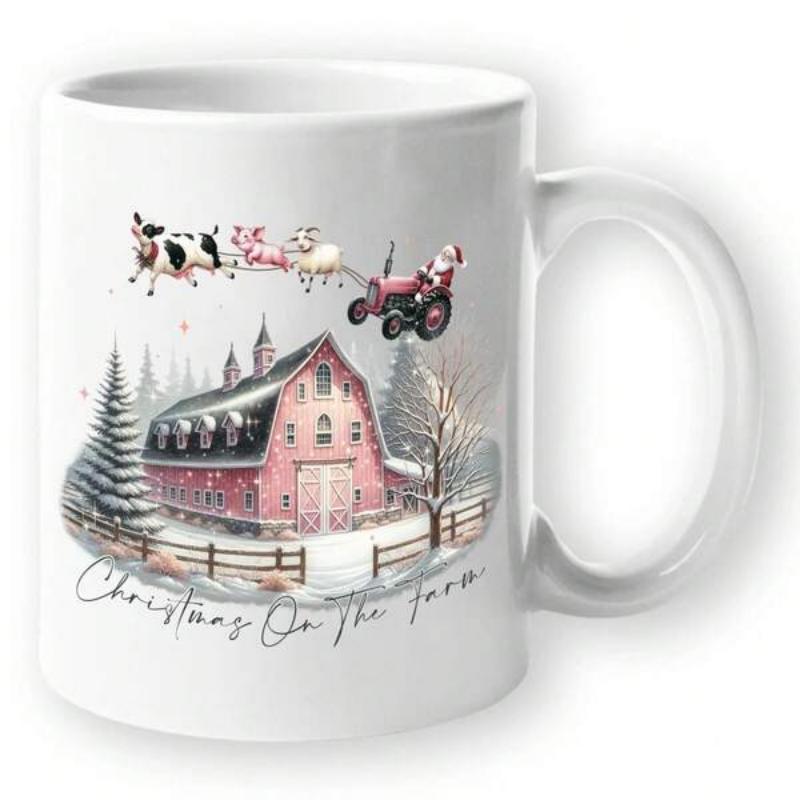 Tailorly White Ceramic 11 oz Mug - Christmas On The Farm Snowy Winter Scene With Flying Tractor And Animals Above Red Barn