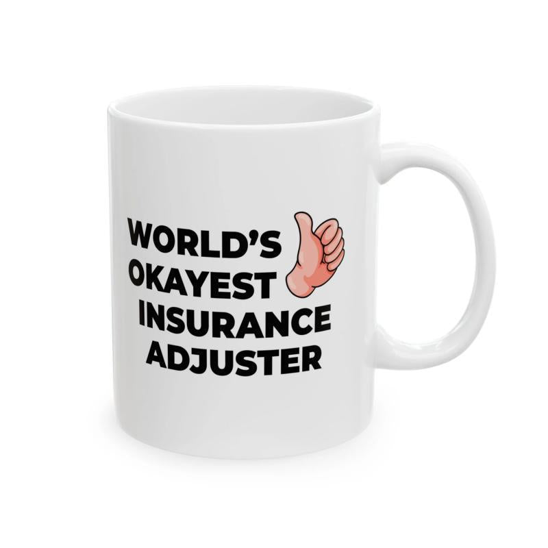 Tailorly White Ceramic 11 oz Mug - Worlds Okayest Insurance Adjuster Minimalist Cartoon Style Flesh Toned Thumbs Up Symbol With Bold Black Outlines Hand
