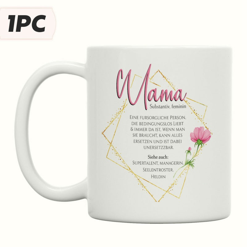 Tailorly White Ceramic 11 oz Mug - Mama Elegant Golden Geometric Frames With A Delicate Pink Blooming Flower