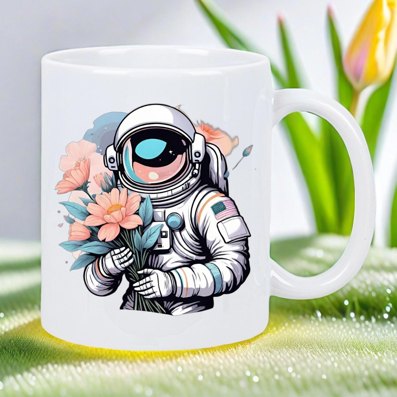 Tailorly White Ceramic 11 oz Mug - Charming Space Traveler Holding A Bouquet Of Beautiful Blooming Pastel Flower Astronaut