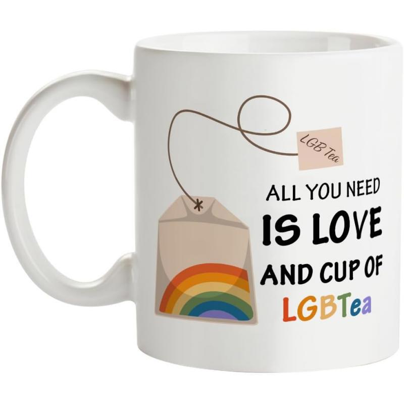 Tailorly White Ceramic 11 oz Mug - All You Need Is Love And Cup Of LGBTea Minimalist Tea Bag With Colorful Rainbow Pattern And Looping String Tea Bag