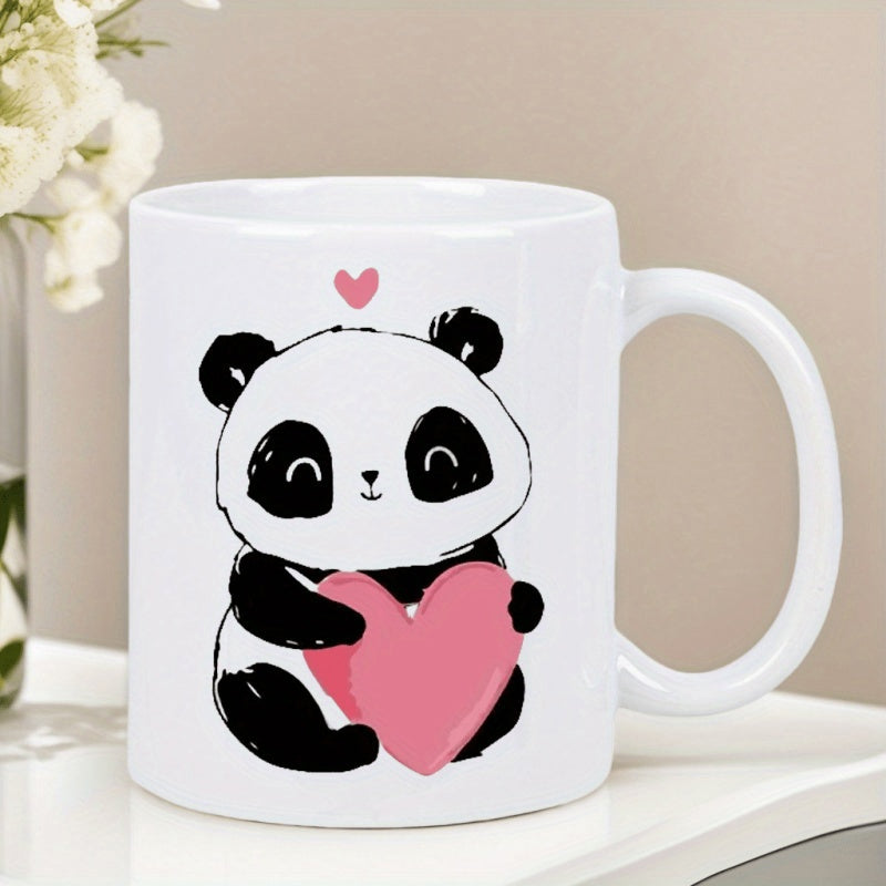 Tailorly White Ceramic 11 oz Mug - Adorable Hand Drawn Cartoon Style Holding A Large Pink Heart Panda