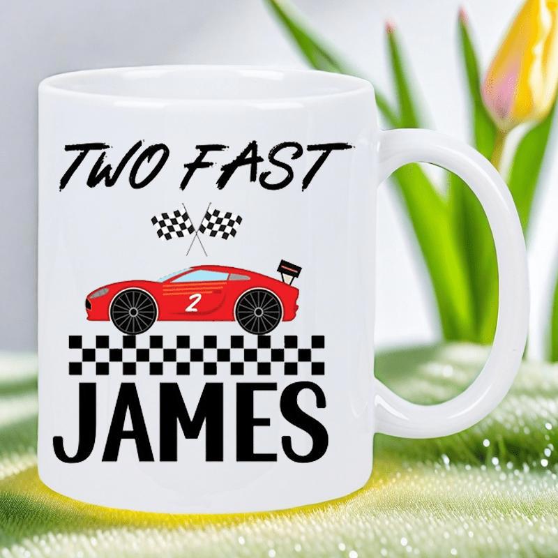 Tailorly White Ceramic 11 oz Mug - Two Fast James Vibrant Red Racing Car With Checkered Flags And Bold Stripes Car