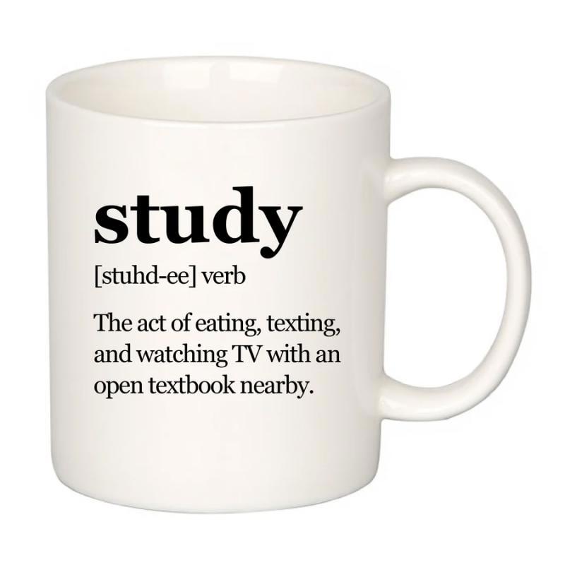 Tailorly White Ceramic 11 oz Mug - Study The Act Of Eating Texting And Watching TV With An Open Textbook Nearby Minimalist White Ceramic Vessel With Bold Black