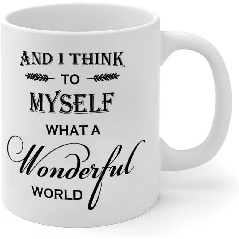Tailorly White Ceramic 11 oz Mug - And I Think To Myself What A Wonderful World Minimalist Featuring Elegant Script Lyrics And Small Leaf Mug