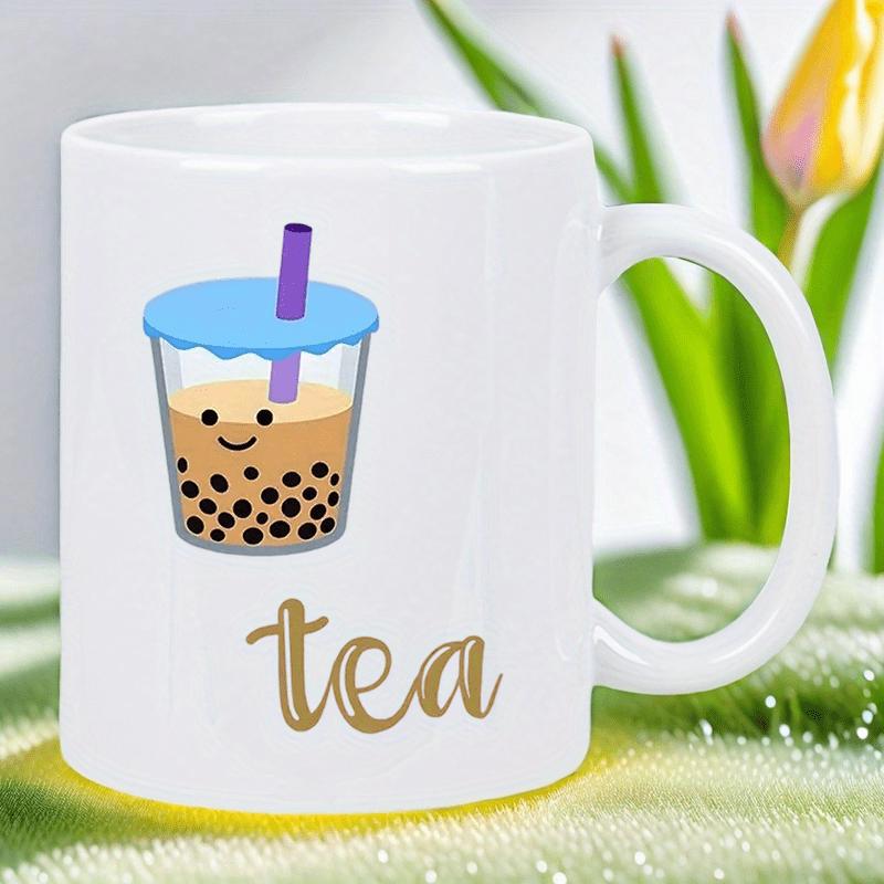 Tailorly White Ceramic 11 oz Mug - Tea Cute Smiling Cartoon Bubble Drink With Straw And Black Pearls Boba