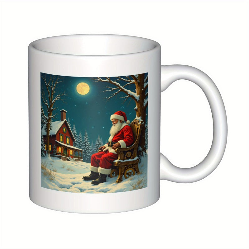 Tailorly White Ceramic 11 oz Mug - Peaceful Snowy Night With Santa Resting Near A Cozy Cabin Santa