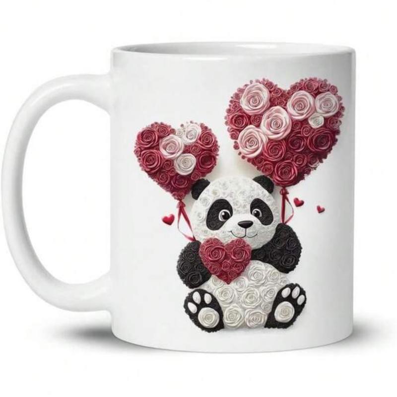 Tailorly White Ceramic 11 oz Mug - Adorable Textured Rose Style Panda Holding Red Heart With Floating Balloons Panda