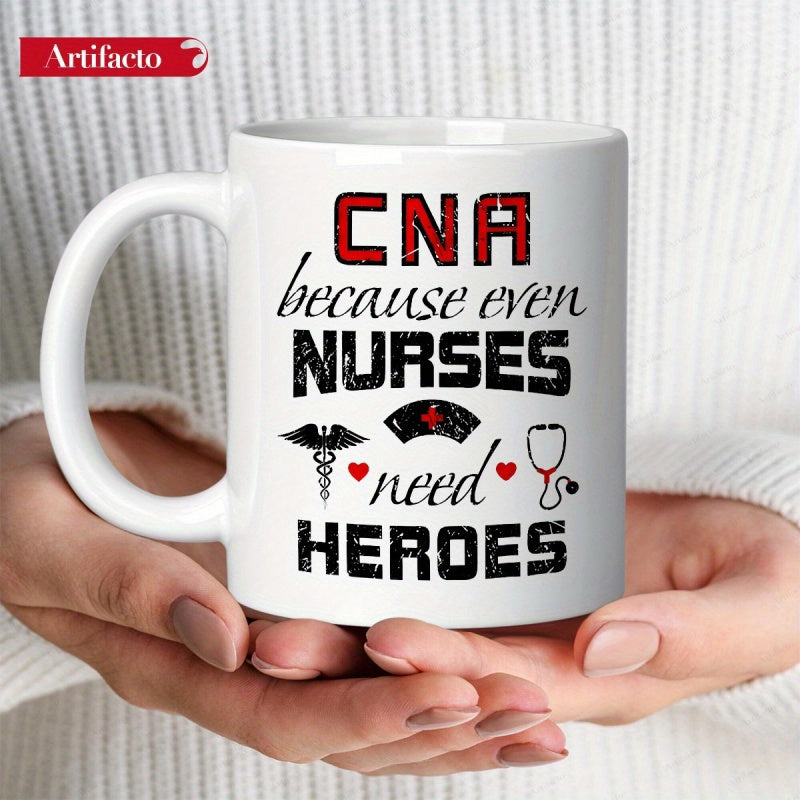 Tailorly White Ceramic 11 oz Mug - Cna Because Even Nurses Need Heroes Distressed Medical Elements Featuring Hearts And Stethoscope Surrounded By Caduceus