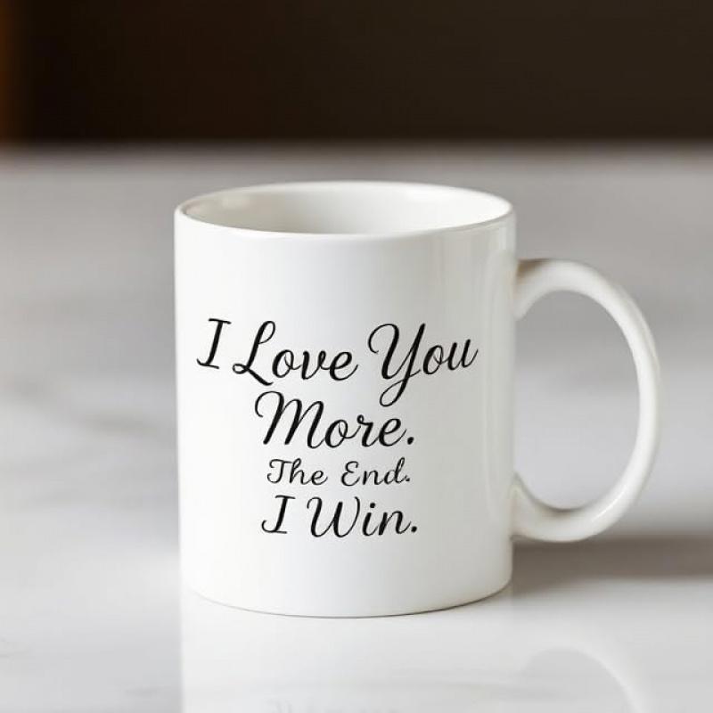 Tailorly White Ceramic 11 oz Mug - I Love You More The End I Win Minimalist Ceramic Cup Featuring Elegant Script Lettering On Polished Surface Mug