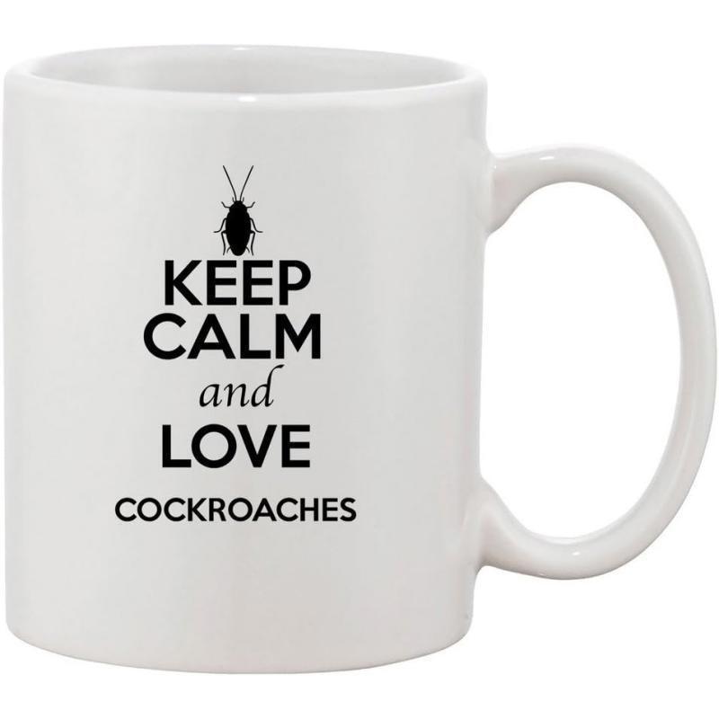 Tailorly White Ceramic 11 oz Mug - Keep Calm And Love Cockroaches Minimalist Black Silhouette Of A Crawling Insect Resting On Surface Cockroach