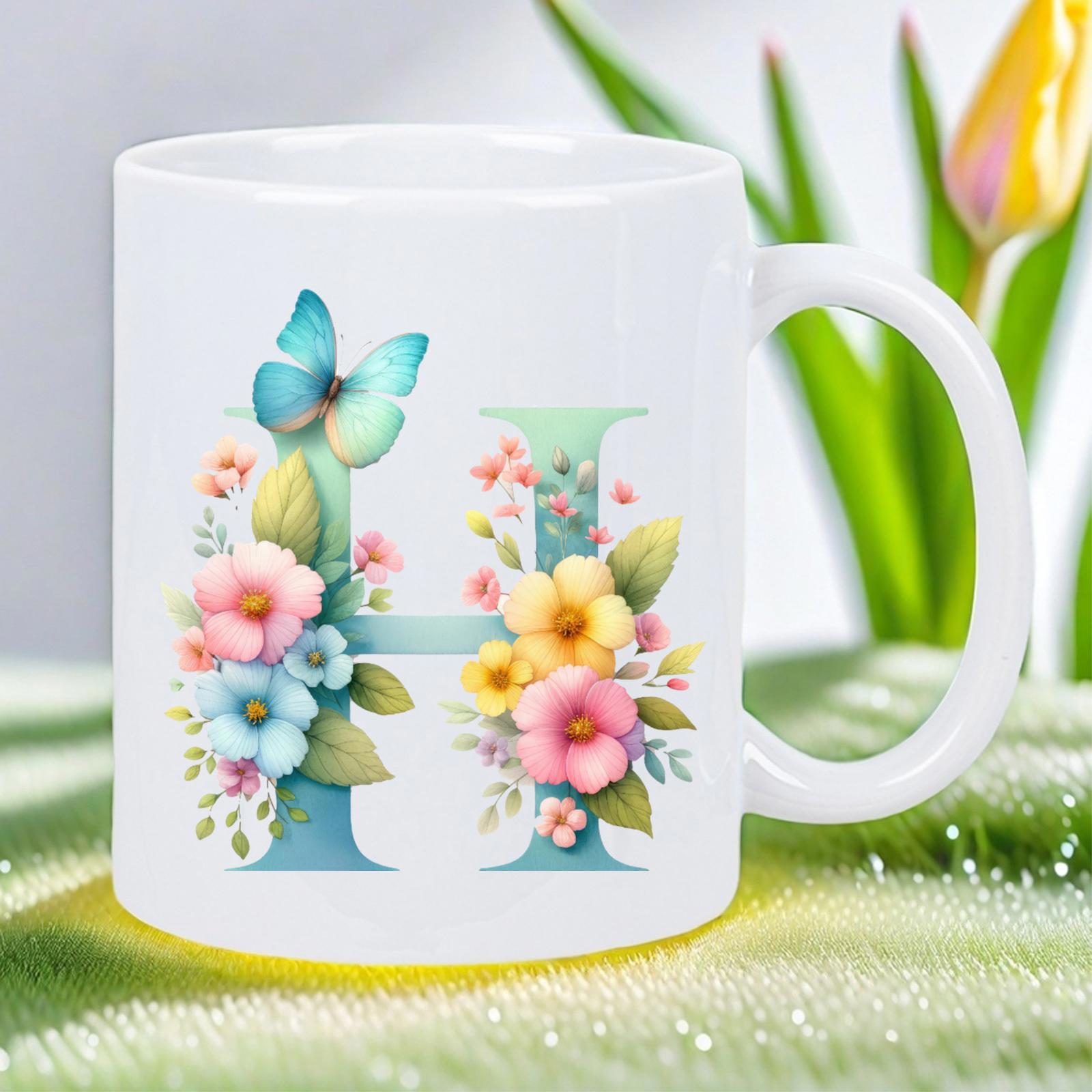 Tailorly White Ceramic 11 oz Mug - H Elegant Watercolor Blooms With A Delicate Butterfly Gracefully Adorning The Letter