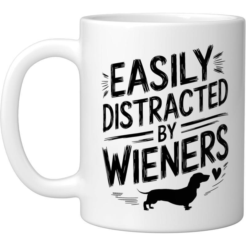Tailorly White Ceramic 11 oz Mug - Easily Distracted By Wieners Minimalist Black Silhouette Of A Long Bodied Sausage Dog Dachshund