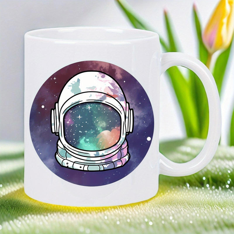 Tailorly White Ceramic 11 oz Mug - Colorful Cosmic Galaxy Nebula Within A Stylized Space Suit Helmet Astronaut