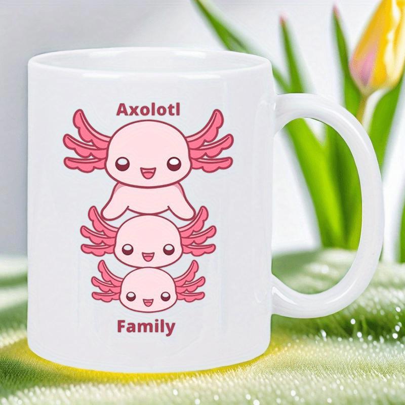 Tailorly White Ceramic 11 oz Mug - Axolotl Family Adorable Smiling Pink Cartoon Characters Stacked In A Group Axolotl