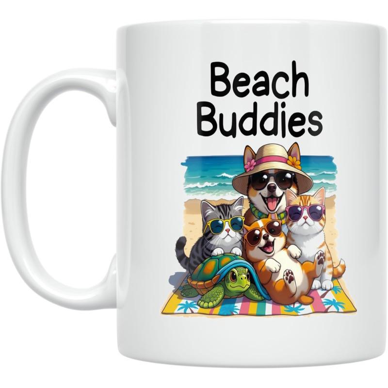 Tailorly White Ceramic 11 oz Mug - Beach Buddies Adorable Cartoon Animals Wearing Sunglasses Lounging Together On Sunny Coastal Sand Pets