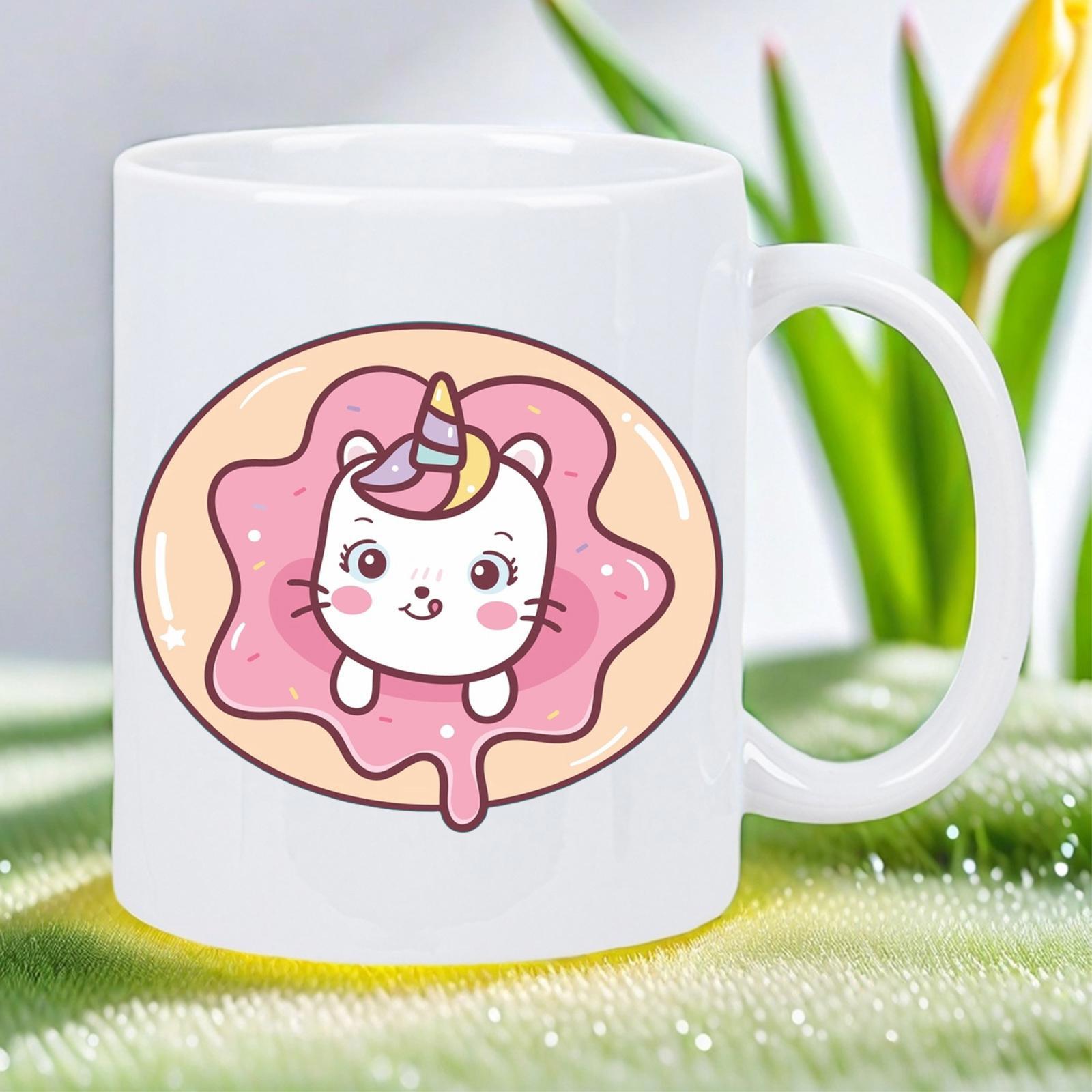 Tailorly White Ceramic 11 oz Mug - Sweet Kawaii White Kitten Wearing Unicorn Horn Among Pink Glazed Donut Cat