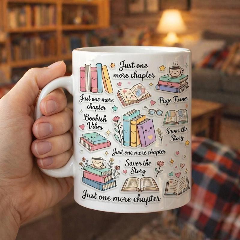 Tailorly White Ceramic 11 oz Mug - Just One More Chapter Bookish Vibes Page Turner Savor The Story Hand Drawn Colorful Stacked Books With Cute Coffee Cup And Stars