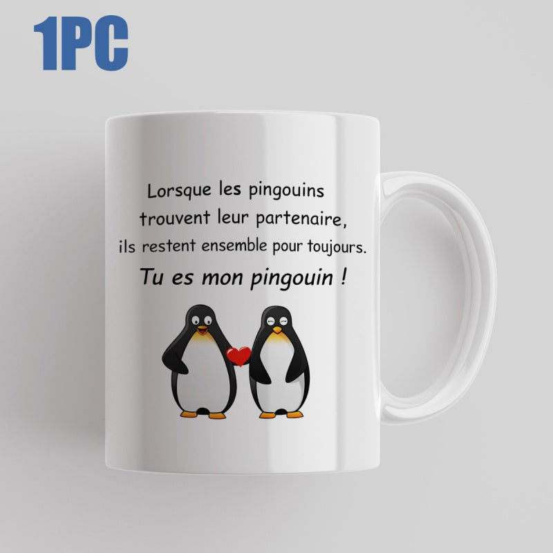 Tailorly White Ceramic 11 oz Mug - Two Adorable Cartoon Penguins Holding A Tiny Red Heart Together Penguin
