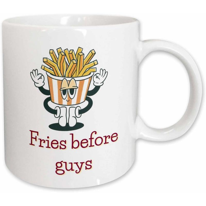 Tailorly White Ceramic 11 oz Mug - Fries Before Guys Anthropomorphic Striped Bucket Holding Golden Salty Fries With Boots Fries