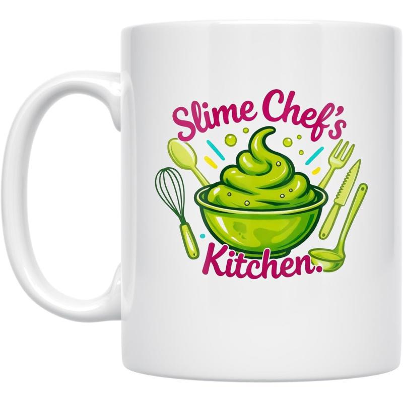 Tailorly White Ceramic 11 oz Mug - Slime Chef's Kitchen Vibrant Green Slime Bowl Surrounded By Whimsical Cooking Utensils Kitchen