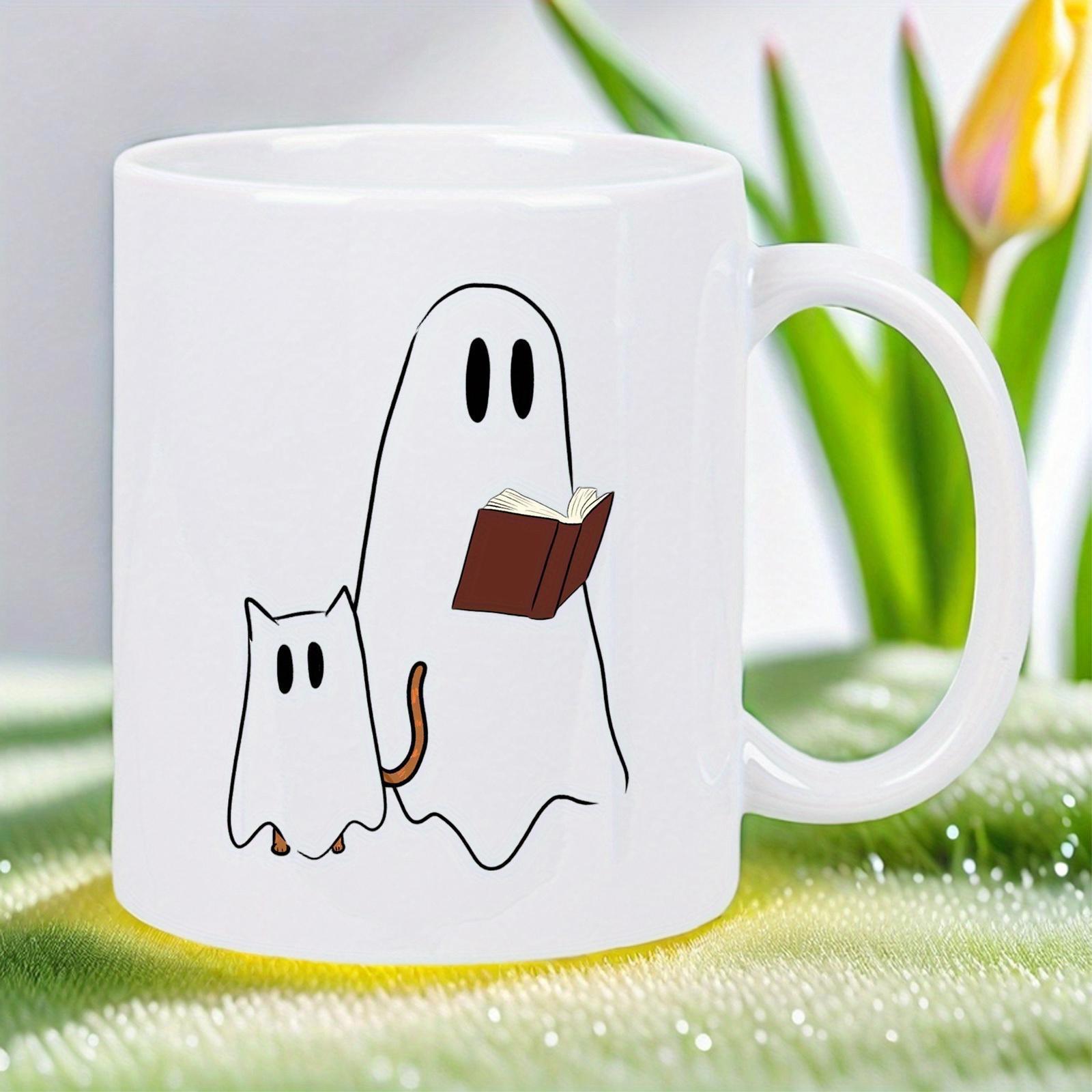 Tailorly White Ceramic 11 oz Mug - Minimalist Cartoon Sheet Ghosts Reading A Book Beside A Small Cat Ghost