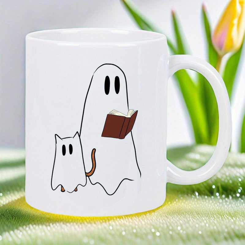 Tailorly White Ceramic 11 oz Mug - Minimalist Cartoon Sheet Ghosts Reading A Book Beside A Small Cat Ghost
