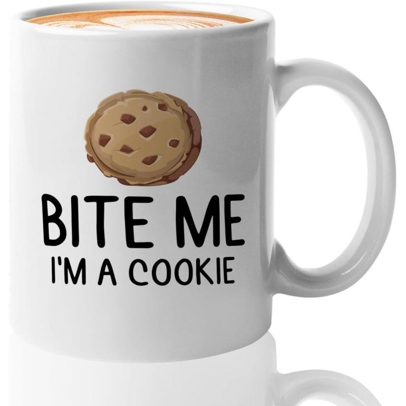 Tailorly White Ceramic 11 oz Mug - Bite Me Im A Cookie Delicious Golden Brown Chocolate Chip Snack Featuring Sweet Crunchy Texture Cookie