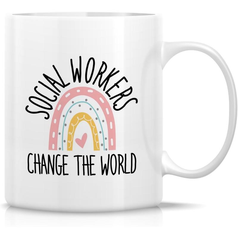 Tailorly White Ceramic 11 oz Mug - Social Workers Change The World Simple Hand Drawn Pastel Boho Rainbow Featuring A Small Pink Heart Rainbow